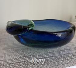 Hand Blown Art Glass Vase Blue Aqua Freeform Sculptural Murano Style Vintage