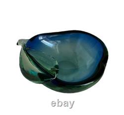 Hand Blown Art Glass Vase Blue Aqua Freeform Sculptural Murano Style Vintage