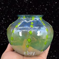 Hand Blown Art Glass Vase Iridescent Green Blue W Green Dots Marked P T 2018