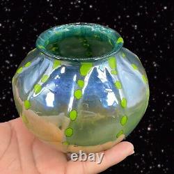 Hand Blown Art Glass Vase Iridescent Green Blue W Green Dots Marked P T 2018