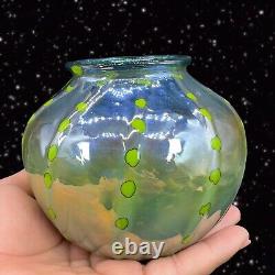 Hand Blown Art Glass Vase Iridescent Green Blue W Green Dots Marked P T 2018