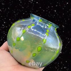 Hand Blown Art Glass Vase Iridescent Green Blue W Green Dots Marked P T 2018