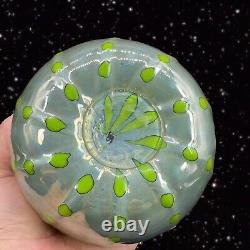 Hand Blown Art Glass Vase Iridescent Green Blue W Green Dots Marked P T 2018