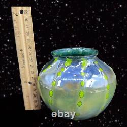 Hand Blown Art Glass Vase Iridescent Green Blue W Green Dots Marked P T 2018