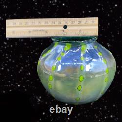 Hand Blown Art Glass Vase Iridescent Green Blue W Green Dots Marked P T 2018
