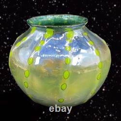 Hand Blown Art Glass Vase Iridescent Green Blue W Green Dots Marked P T 2018