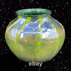 Hand Blown Art Glass Vase Iridescent Green Blue W Green Dots Marked P T 2018