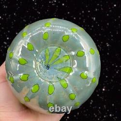 Hand Blown Art Glass Vase Iridescent Green Blue W Green Dots Marked P T 2018