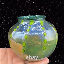 Hand Blown Art Glass Vase Iridescent Green Blue W Green Dots Marked P T 2018