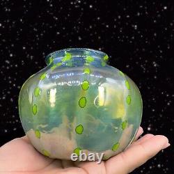 Hand Blown Art Glass Vase Iridescent Green Blue W Green Dots Marked P T 2018