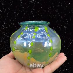 Hand Blown Art Glass Vase Iridescent Green Blue W Green Dots Marked P T 2018