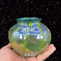 Hand Blown Art Glass Vase Iridescent Green Blue W Green Dots Marked P T 2018