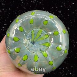 Hand Blown Art Glass Vase Iridescent Green Blue W Green Dots Marked P T 2018