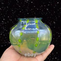 Hand Blown Art Glass Vase Iridescent Green Blue W Green Dots Marked P T 2018