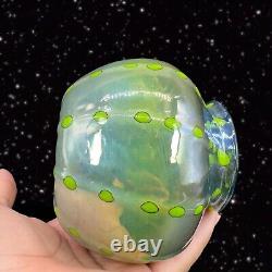 Hand Blown Art Glass Vase Iridescent Green Blue W Green Dots Marked P T 2018