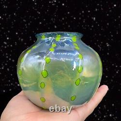 Hand Blown Art Glass Vase Iridescent Green Blue W Green Dots Marked P T 2018