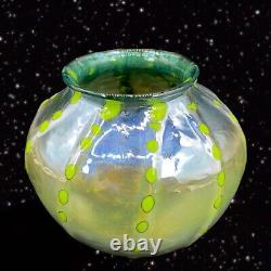 Hand Blown Art Glass Vase Iridescent Green Blue W Green Dots Marked P T 2018