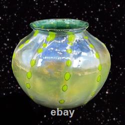 Hand Blown Art Glass Vase Iridescent Green Blue W Green Dots Marked P T 2018