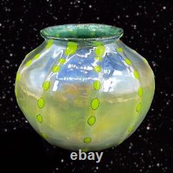 Hand Blown Art Glass Vase Iridescent Green Blue W Green Dots Marked P T 2018