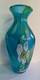Hand-Blown Art Glass Vase Waterlily Design Blue Green, 11X5.5