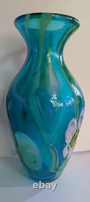 Hand-Blown Art Glass Vase Waterlily Design Blue Green, 11X5.5