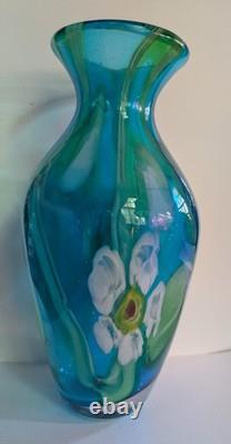 Hand-Blown Art Glass Vase Waterlily Design Blue Green, 11X5.5