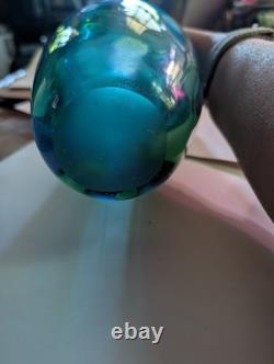 Hand-Blown Art Glass Vase Waterlily Design Blue Green, 11X5.5