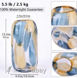 Hand Blown Blue Glass Vase 12.6 Decorative Centerpiece for Home Decor