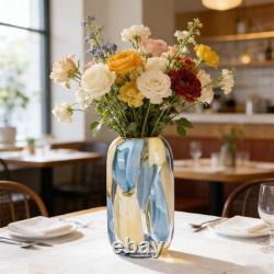 Hand Blown Blue Glass Vase 12.6 Decorative Centerpiece for Home Decor
