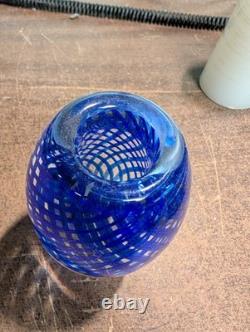 Hand Blown Cobalt Blue Art Glass Vase 5.5 Latticino Ribbon Swirl Heavy 3 lb