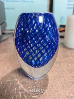 Hand Blown Cobalt Blue Art Glass Vase 5.5 Latticino Ribbon Swirl Heavy 3 lb