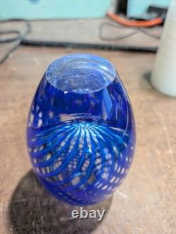 Hand Blown Cobalt Blue Art Glass Vase 5.5 Latticino Ribbon Swirl Heavy 3 lb