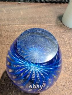 Hand Blown Cobalt Blue Art Glass Vase 5.5 Latticino Ribbon Swirl Heavy 3 lb