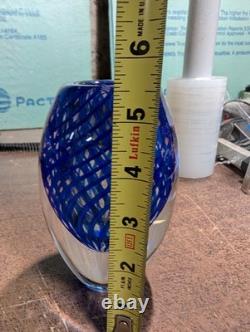 Hand Blown Cobalt Blue Art Glass Vase 5.5 Latticino Ribbon Swirl Heavy 3 lb