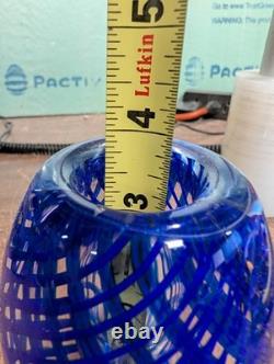 Hand Blown Cobalt Blue Art Glass Vase 5.5 Latticino Ribbon Swirl Heavy 3 lb