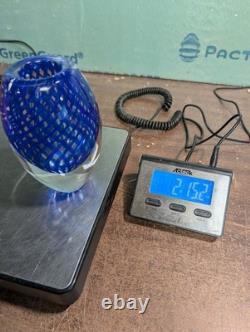 Hand Blown Cobalt Blue Art Glass Vase 5.5 Latticino Ribbon Swirl Heavy 3 lb