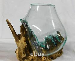 Hand Blown Fish Bowl Terrarium Vase Molten Recycled Glass & Teak Wood Bali Art