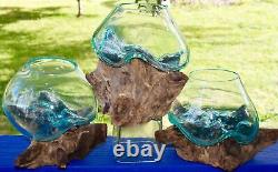 Hand Blown Fish Bowl Terrarium Vase Molten Recycled Glass & Teak Wood Bali Art