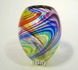 Hand Blown Glass Art Vase, Dirwood, Blue, Aqua, Green. Red, Yellow, Rainbow