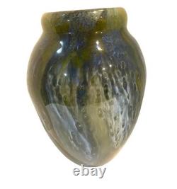 Hand-Blown Glass Vase 9 Tall With Green & Blue Swirl Pattern Unique Home Decor