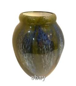 Hand-Blown Glass Vase 9 Tall With Green & Blue Swirl Pattern Unique Home Decor