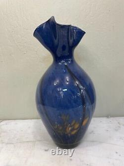 Hand-Blown Glass Vase Blue with Accent Colors