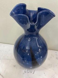 Hand-Blown Glass Vase Blue with Accent Colors