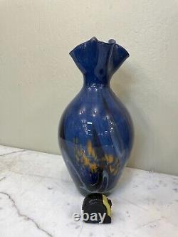 Hand-Blown Glass Vase Blue with Accent Colors