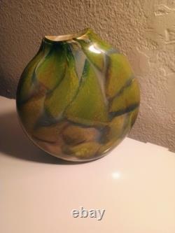 Hand Blown Glass Vase Decorative Abstract Green Yellow Blue Signed Glossy