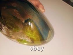 Hand Blown Glass Vase Decorative Abstract Green Yellow Blue Signed Glossy