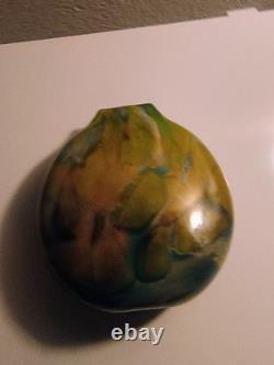Hand Blown Glass Vase Decorative Abstract Green Yellow Blue Signed Glossy