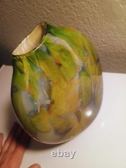 Hand Blown Glass Vase Decorative Abstract Green Yellow Blue Signed Glossy