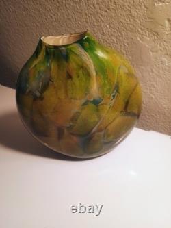 Hand Blown Glass Vase Decorative Abstract Green Yellow Blue Signed Glossy