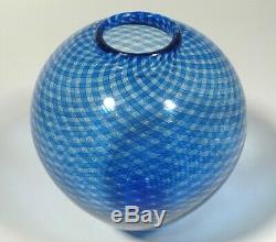 Hand Blown Glass Vase, Dirwood, Complex Reticello Cane Design, Shades Of Blue